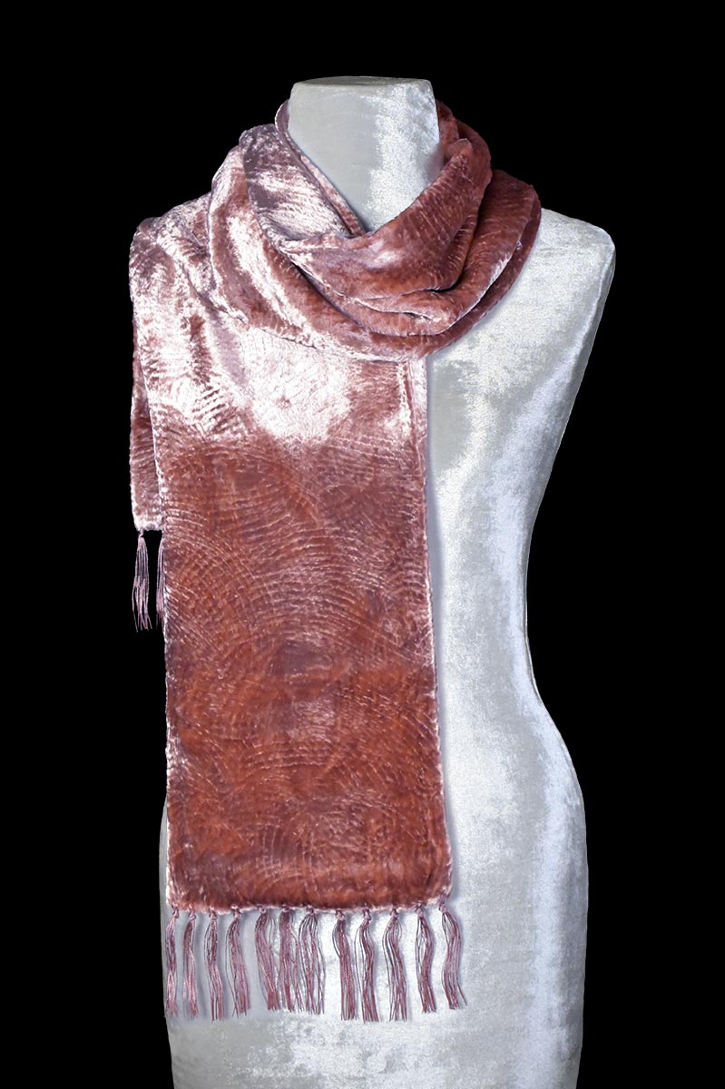 Fortuny cinnamon furrowed velvet scarf with fringes