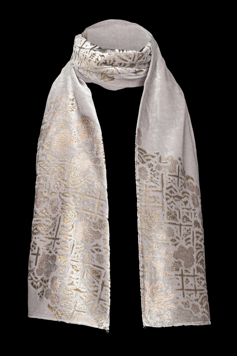 Printed Velvet Scarf with murano beads Silver