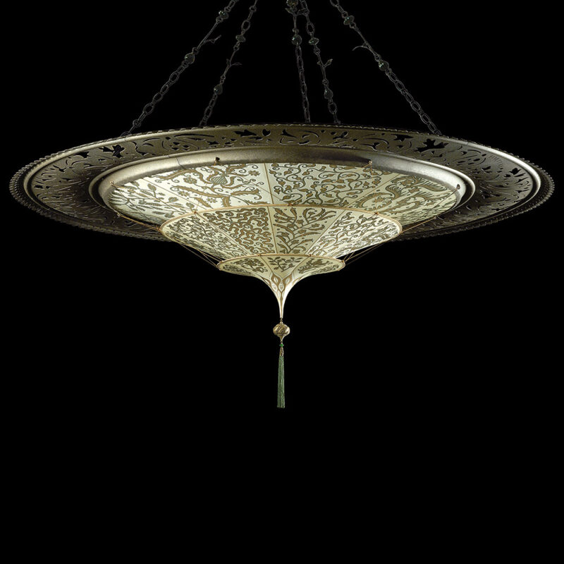 Lampe Fortuny Scheherazade à 3 niveaux Herbarium en soie avec couronne métallique