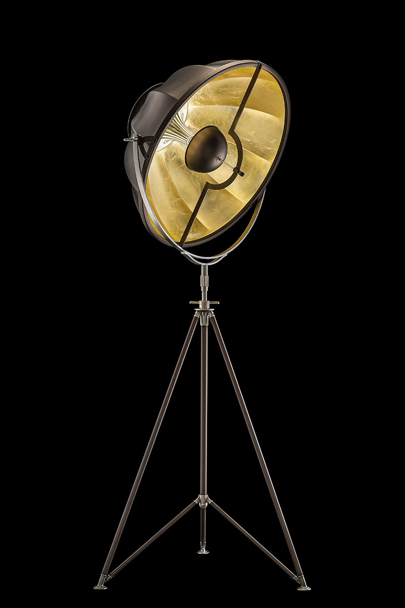Lampadaire trépied Studio 76 marron et feuille d'Or