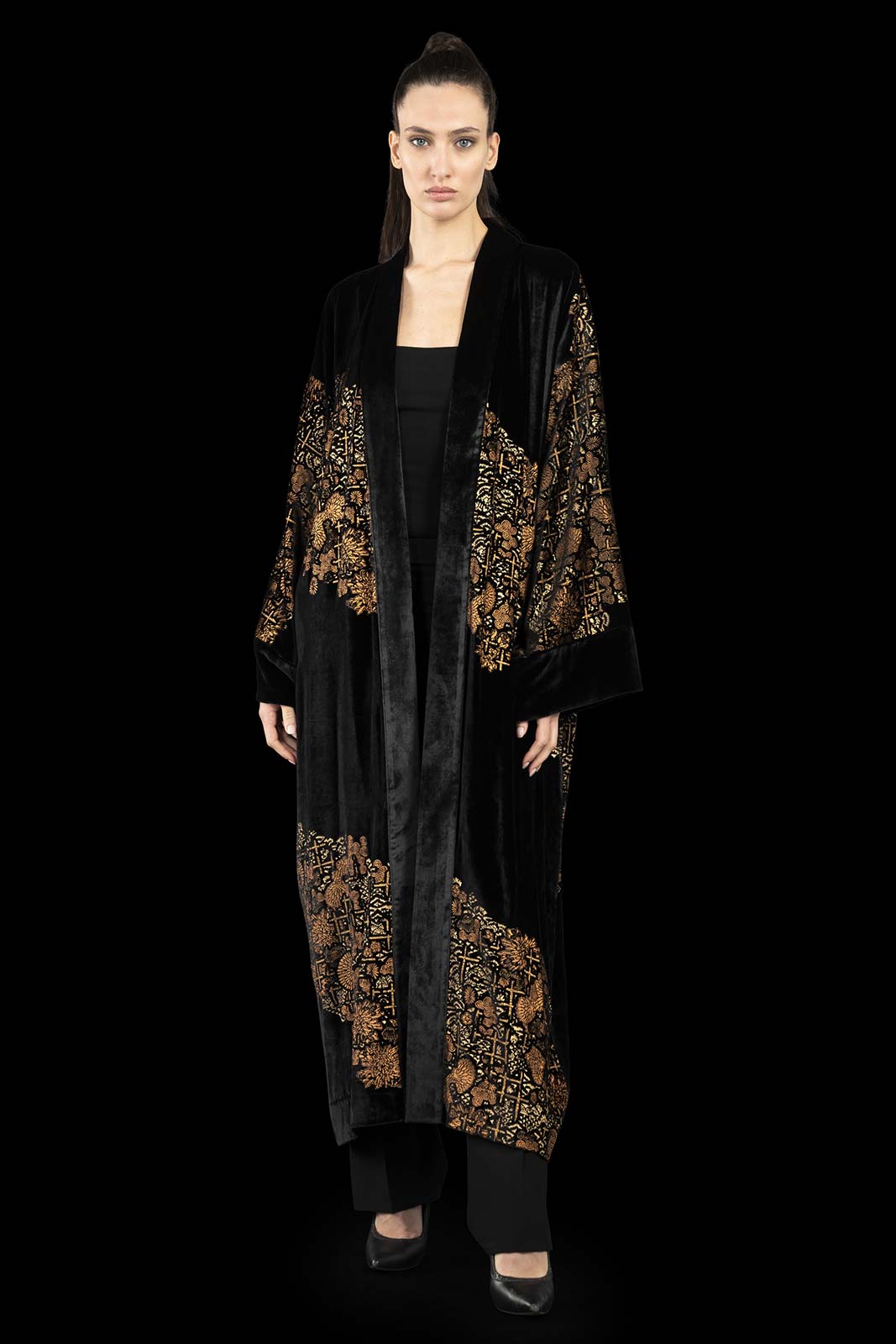 Printed velvet long evening coat