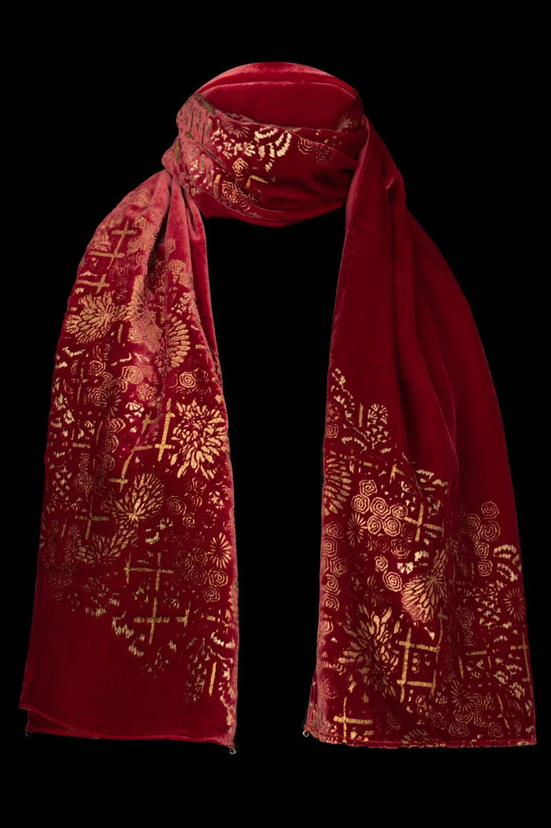Printed Velvet Scarf with murano beads Red