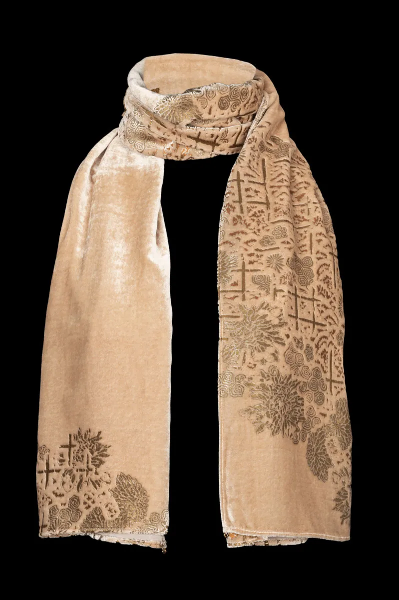 Fortuny printed velvet scarf with Murano glass beads Powder Pink